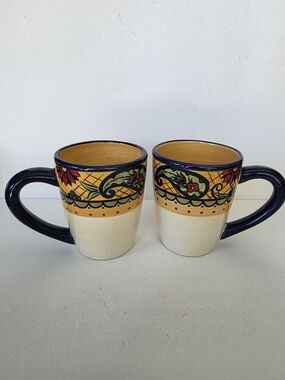 Corsica Handcrafted Floral Yellow & Navy Ceramic Mugs - Set of 2